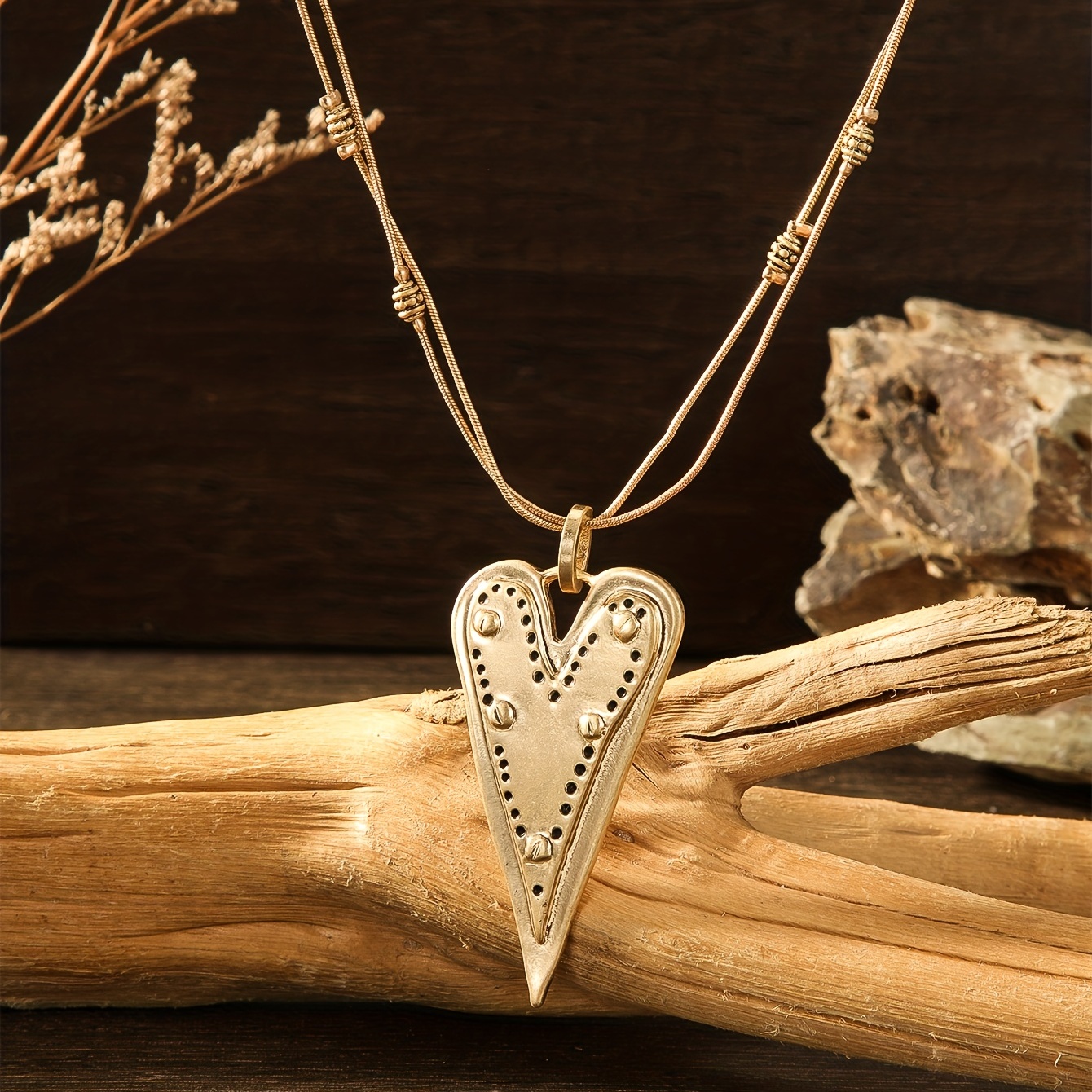 Bohemian Vintage Heart Pendant Necklace, Double Chains